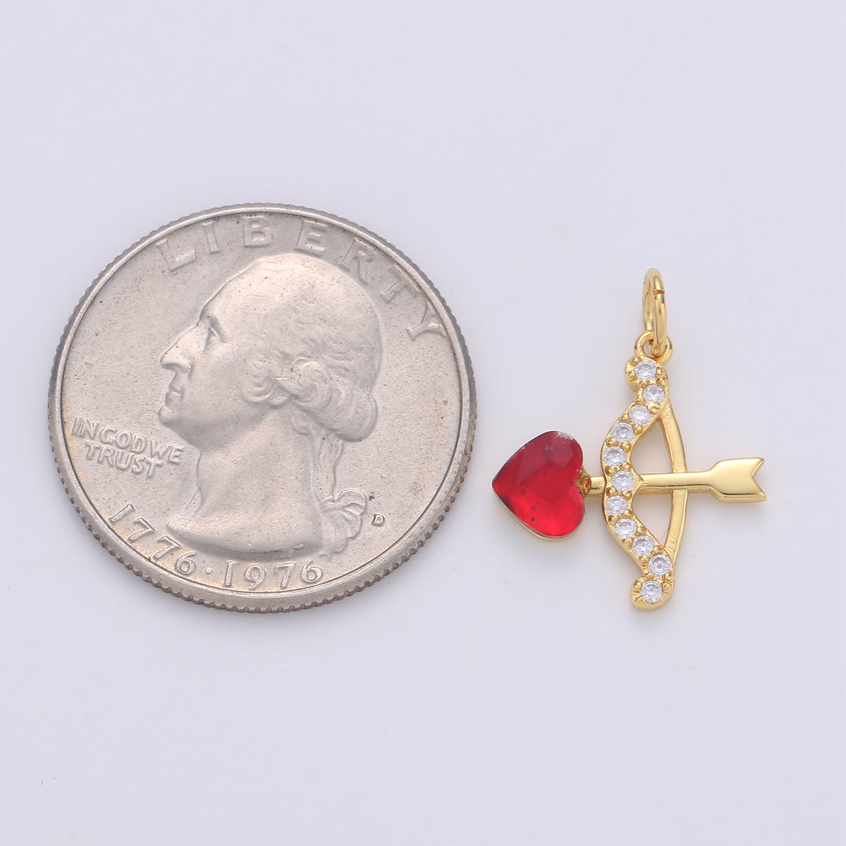 14K Gold Filled Red Hearts CZ Micro Paved Love Arrow Charm | C358