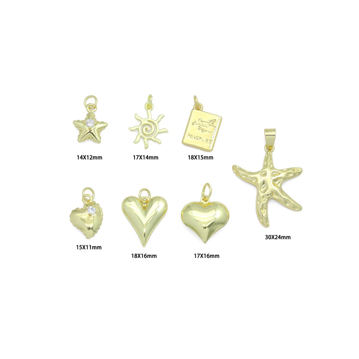 Gold Puffy Star Heart Passport Starfish Sun Charm Pendant,Sku#LD740