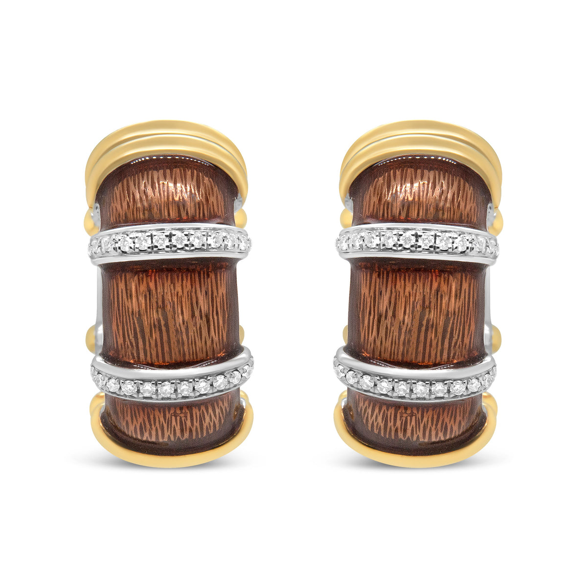 18K Yellow and White Gold Flash Plated .925 Sterling Silver Clear Brown Enamel 9/10 Cttw Round Diamonds Huggie Hoop Earrings (F-G Color, VS1-VS2 Clarity)