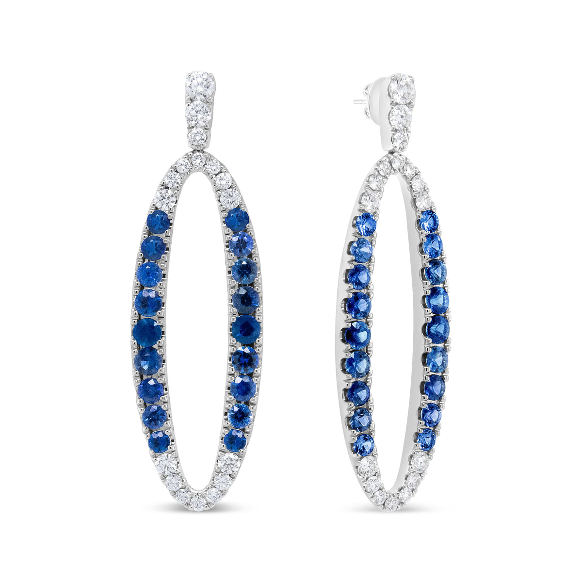 18K White Gold 1-1/10 Cttw Blue Diamond and Sapphire Oval Openwork Dangle Earrings