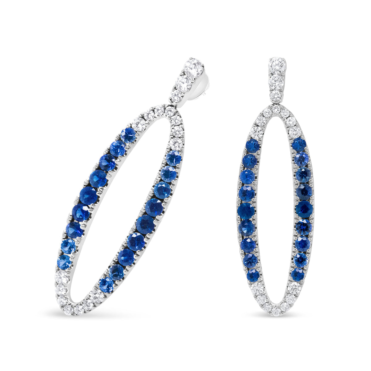 18K White Gold 1-1/10 Cttw Blue Diamond and Sapphire Oval Openwork Dangle Earrings
