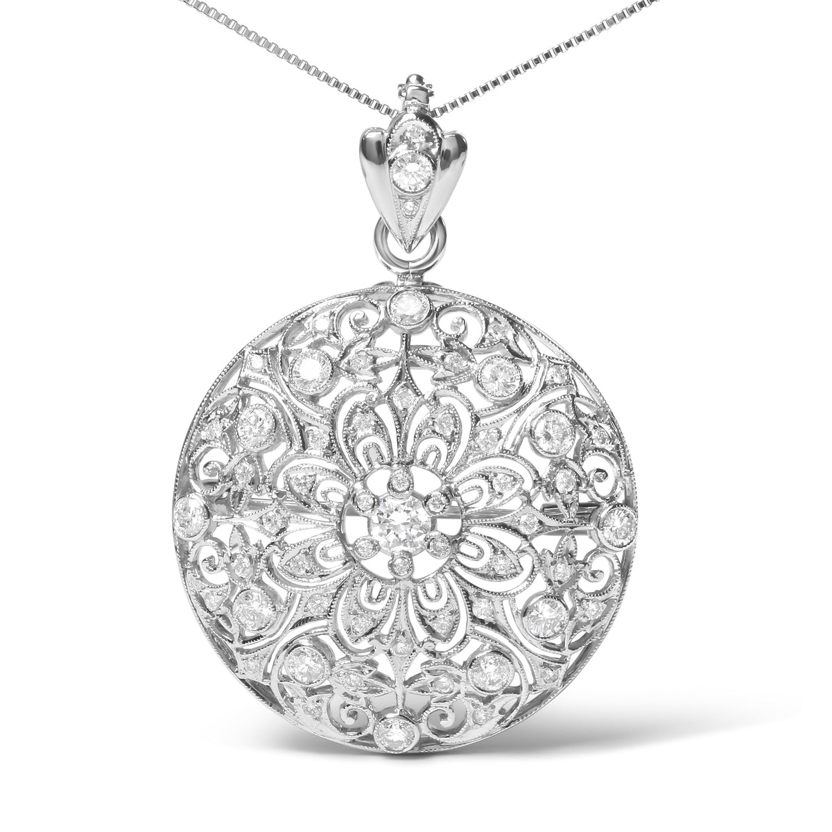 18K White Gold 1 5/6 Cttw Diamond Cluster Floral Filigree Brooch Pin and 18" Pendant Necklace (G-H Color, I1-I2 Clarity)