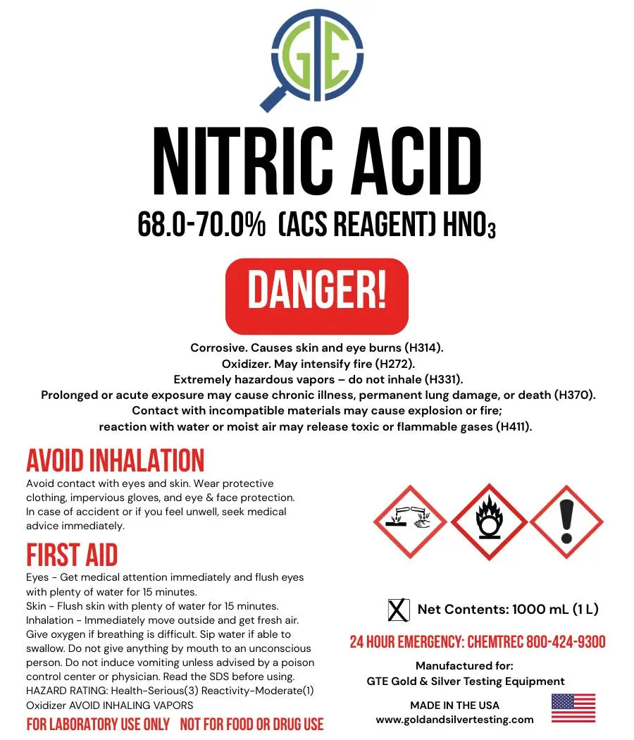 Nitric Acid 70% for Gold Refining – ACS Reagent Grade 32oz 1000ml Higher Purity Concentrated Acid for Gold Refining & Recovery