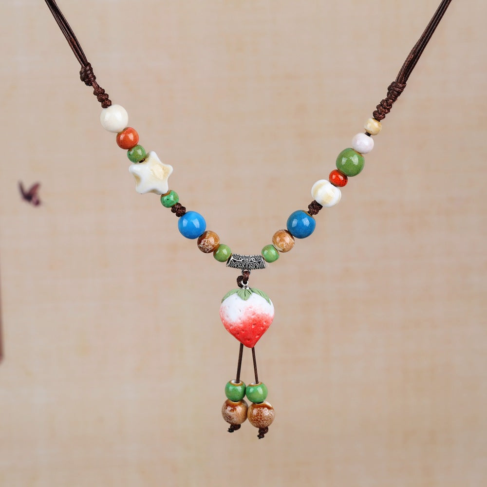 Women's Retro Ethnic Style Ceramic Butterfly Bell Fashionable Necklace
