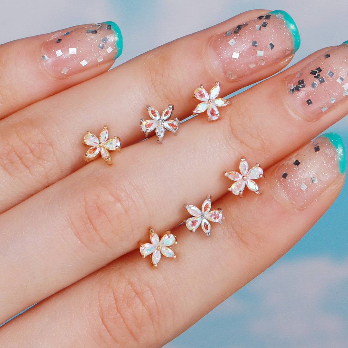Flower Ear Pink Zircon Sweet Loving Heart Bone Inner Screw Earrings