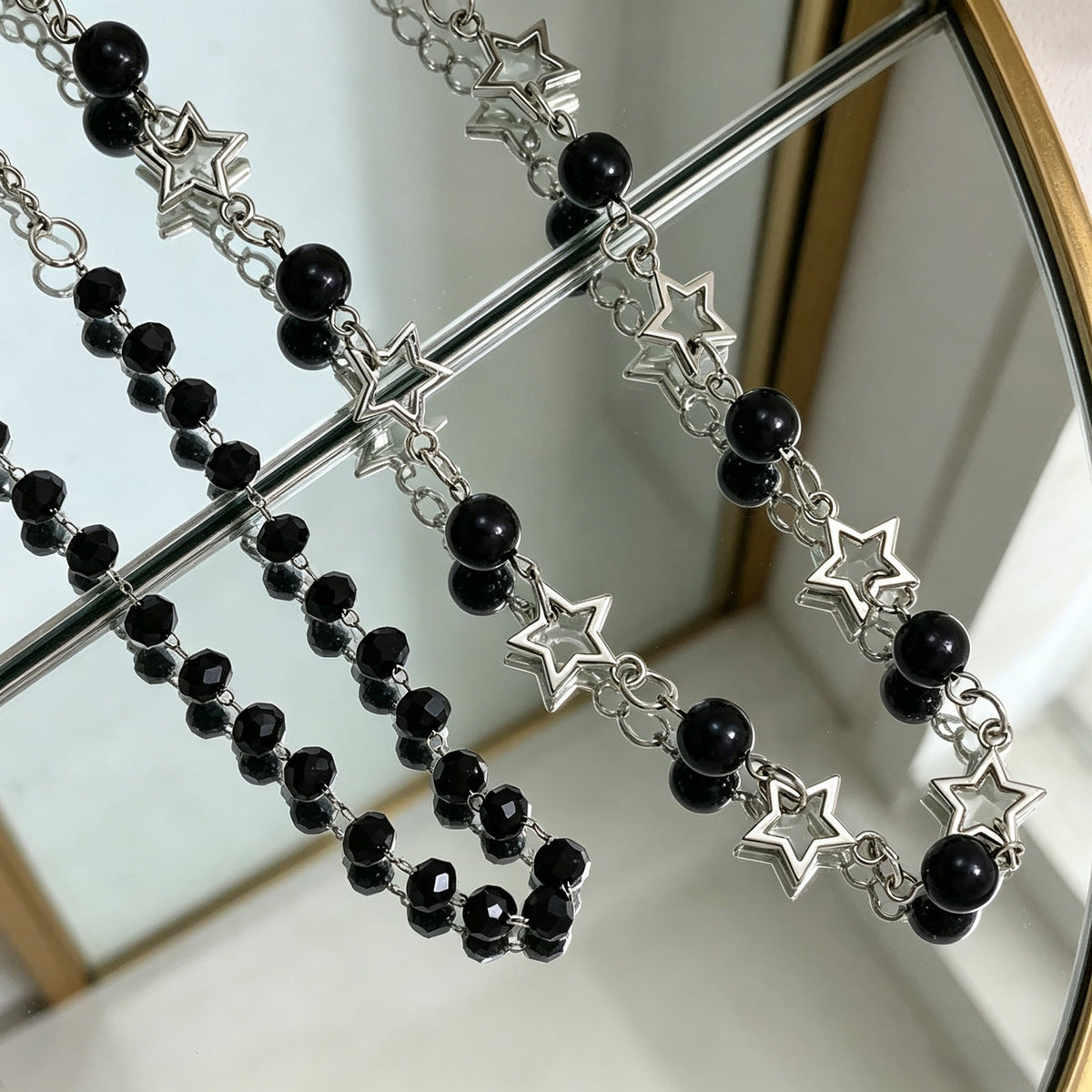 Sweet Cool Style Hollow Pentagram Twin Black Beaded High-grade Necklace