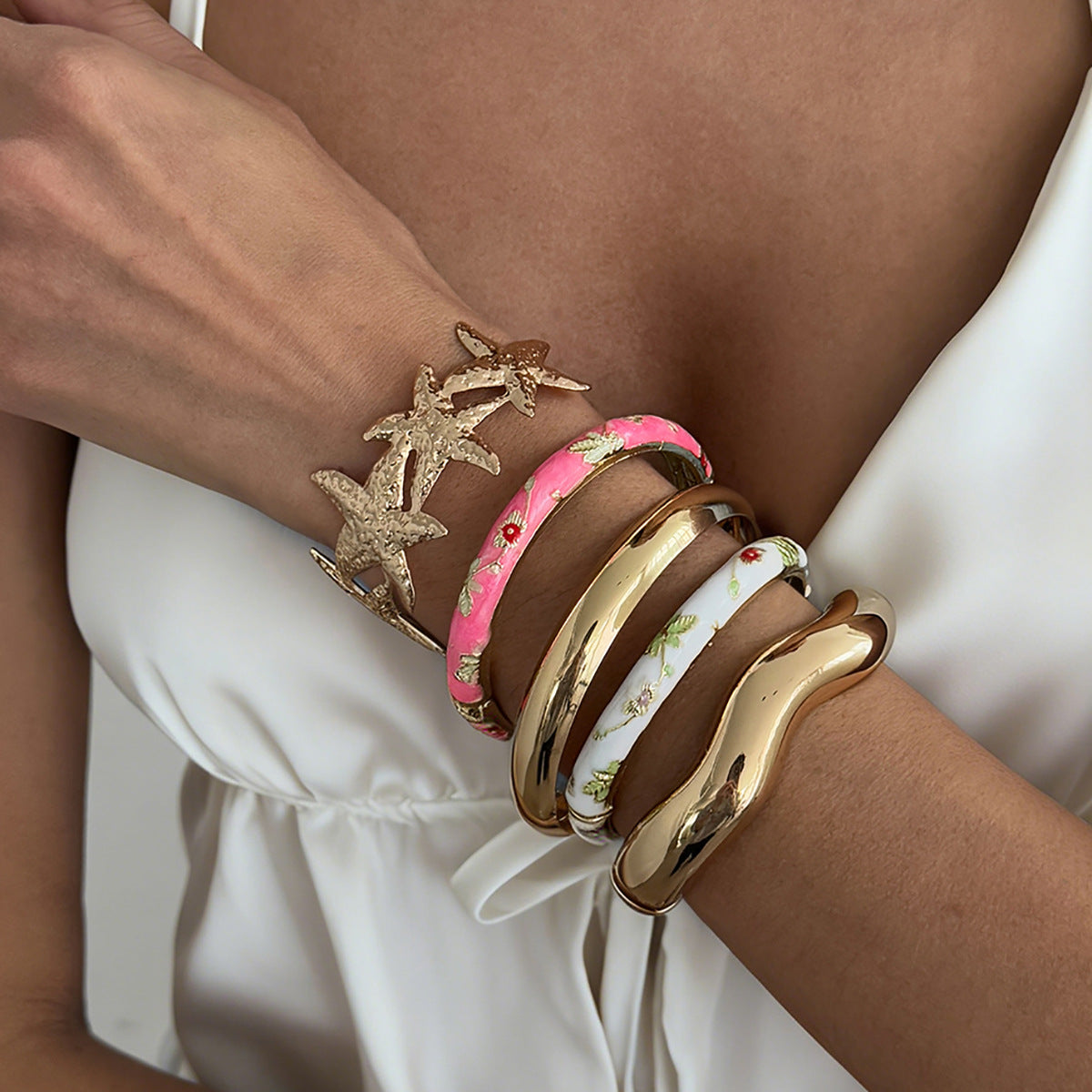 Pastoral Colorful Oil Flowers Openings Female Liquid Starfish Wave Bracelet