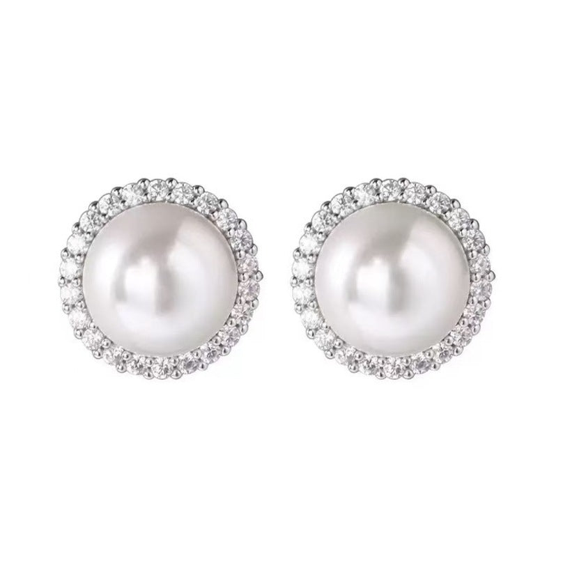 High-grade Pearl Zircon Ear Niche Design Clip Refined Simple Geometric Stud Earrings