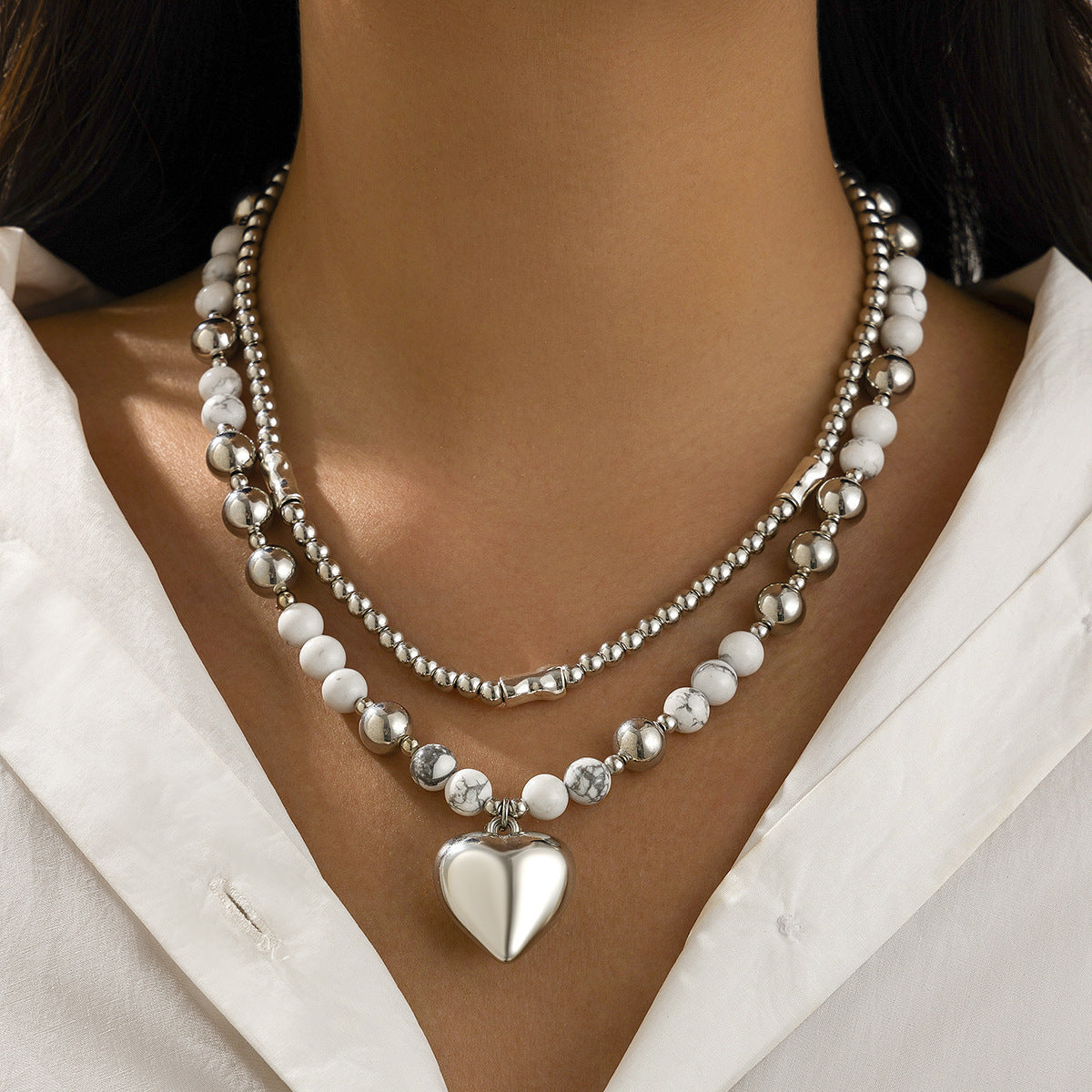 Simple Heart Shaped Suit Hip Hop Cool Metal Beaded Necklaces