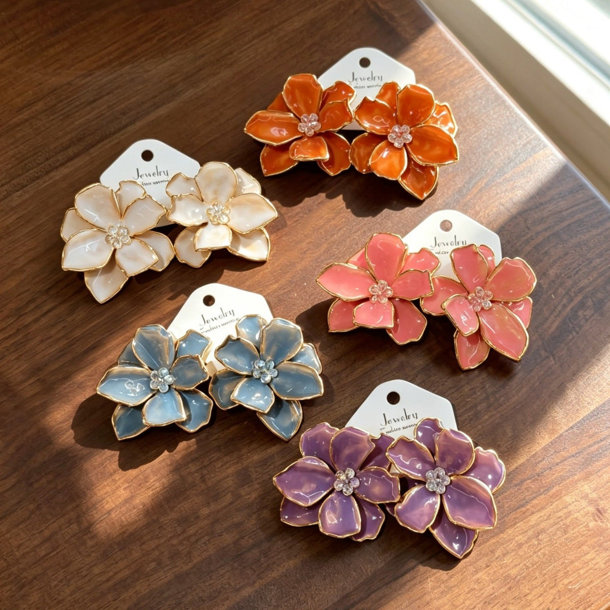 High-key Dignified Three-dimensional Petals Crystal Colorful Flower Earrings