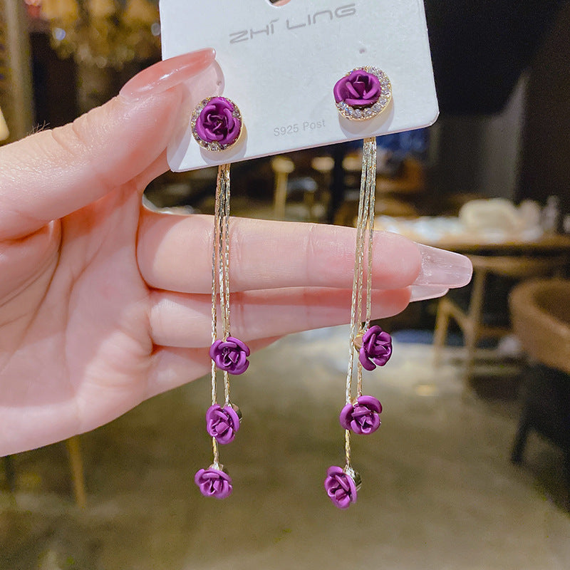 Women's Needle Red Rose Tassel For Trendy Korean Style Simple Design Earrings