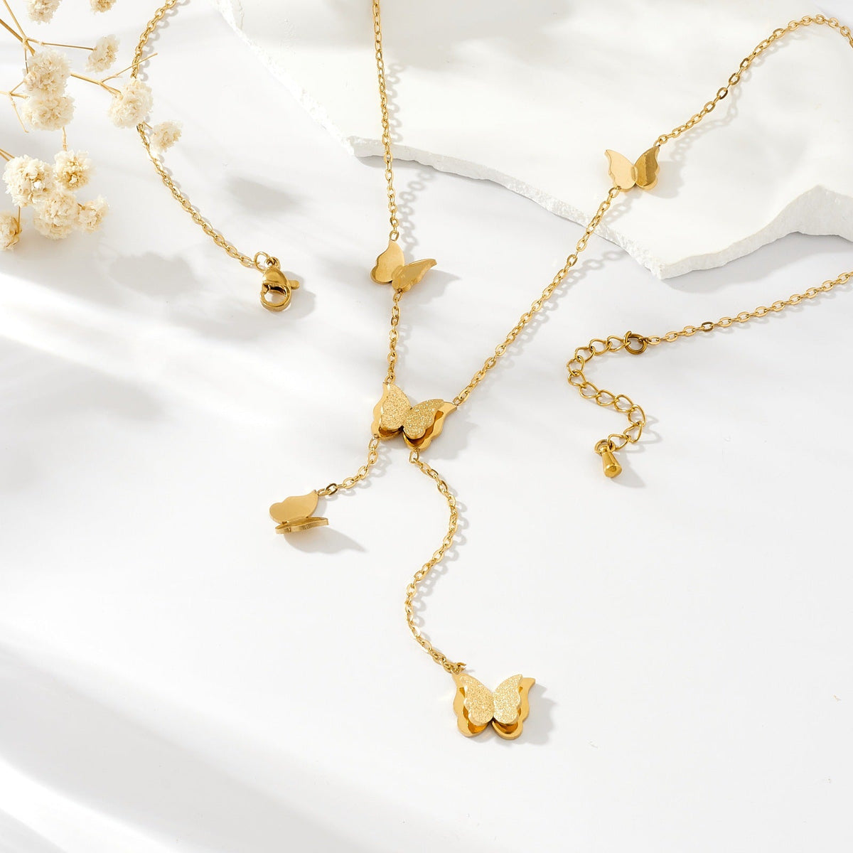 Women's Three-dimensional Five Butterflies Accessory Tassel Chain Stainless Steel Gold-plated Clavicle Necklace