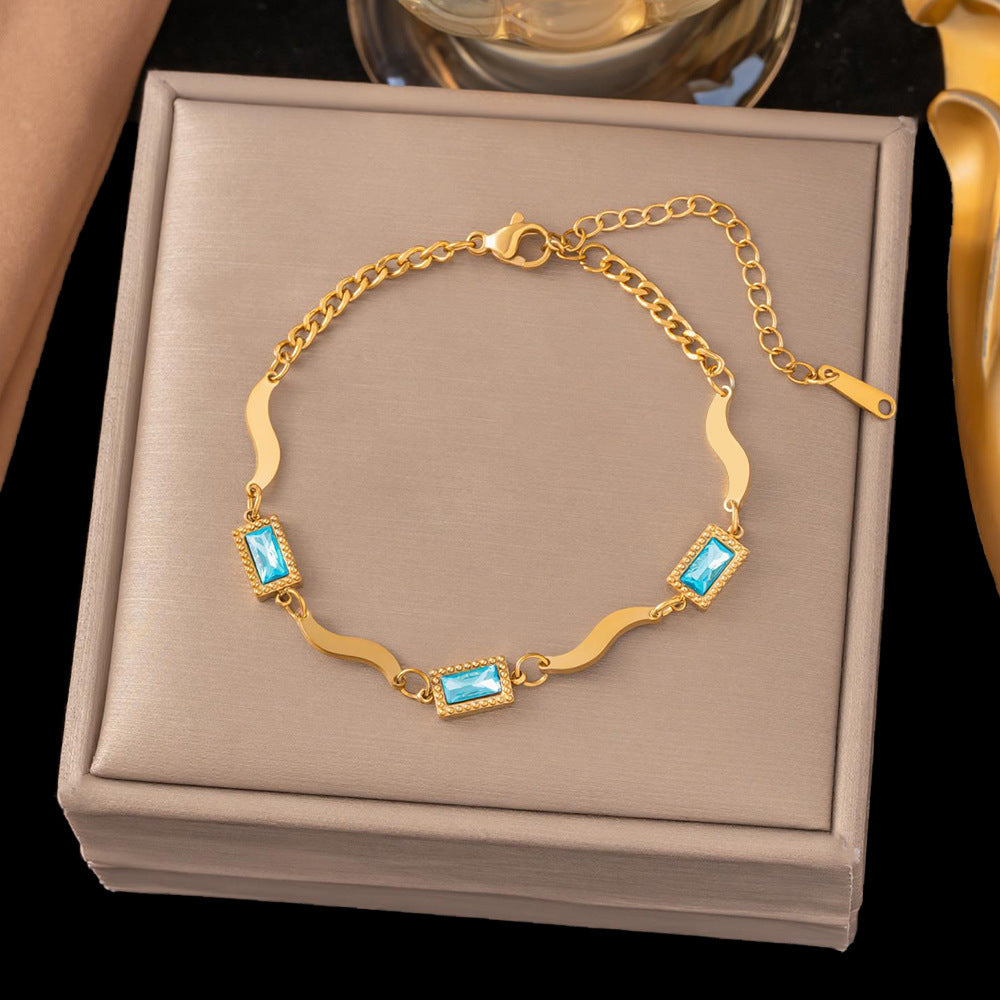 Birthday Crystal Stone Ocean Wave Titanium Steel Square Bracelet