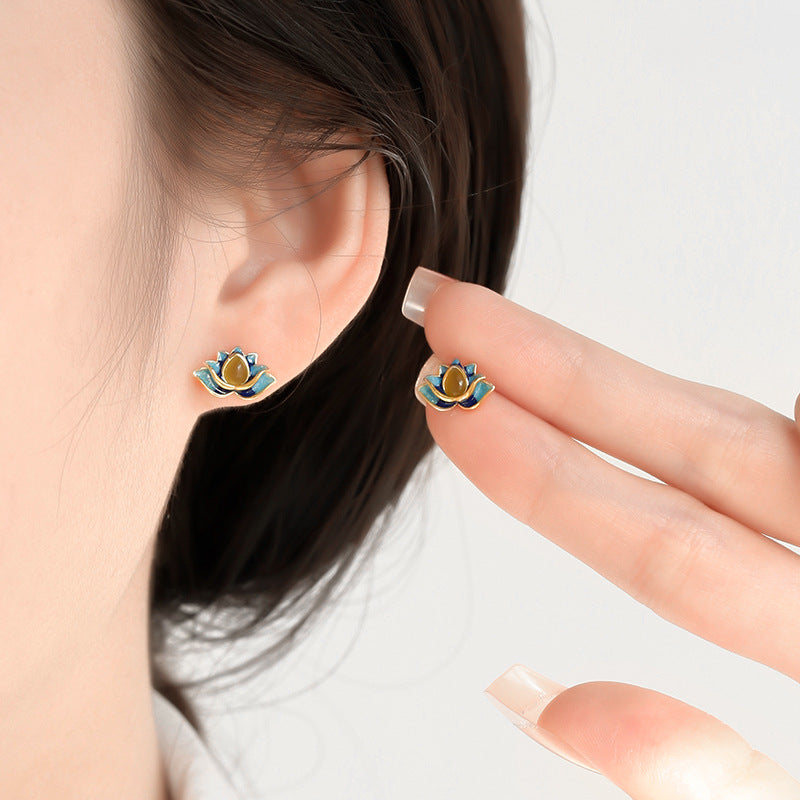 Women's Imitation Jade Lotus Ear Chinese Style Retro Niche Stud Earrings