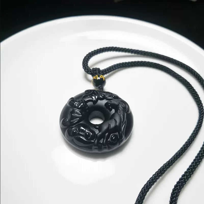 Women's & Men's Natural Obsidian Zodiac Safety Buckle Tiger Pendant
