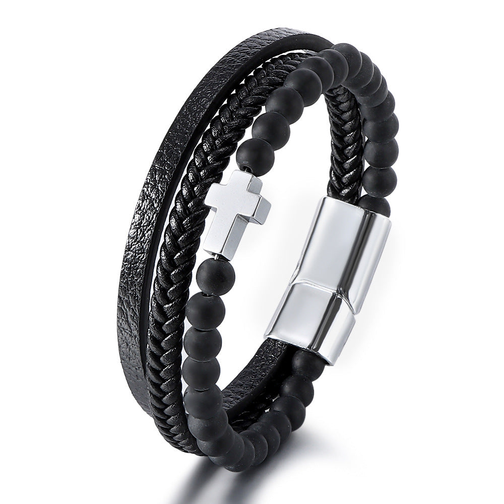 Men's Natural Tigereye Beaded Cross Woven Leather Bracelets