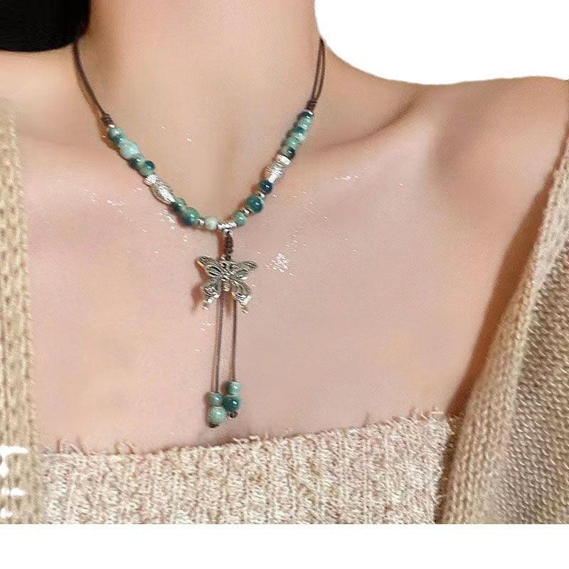 Women's Retro Ethnic Style Ceramic Butterfly Bell Fashionable Necklace