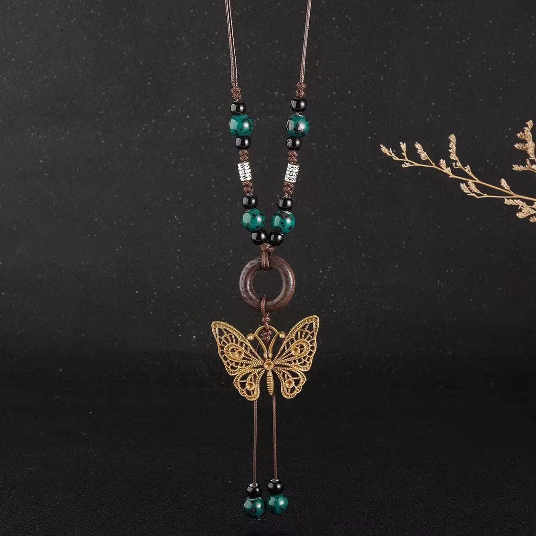 Women's Retro Ethnic Style Ceramic Butterfly Bell Fashionable Necklace