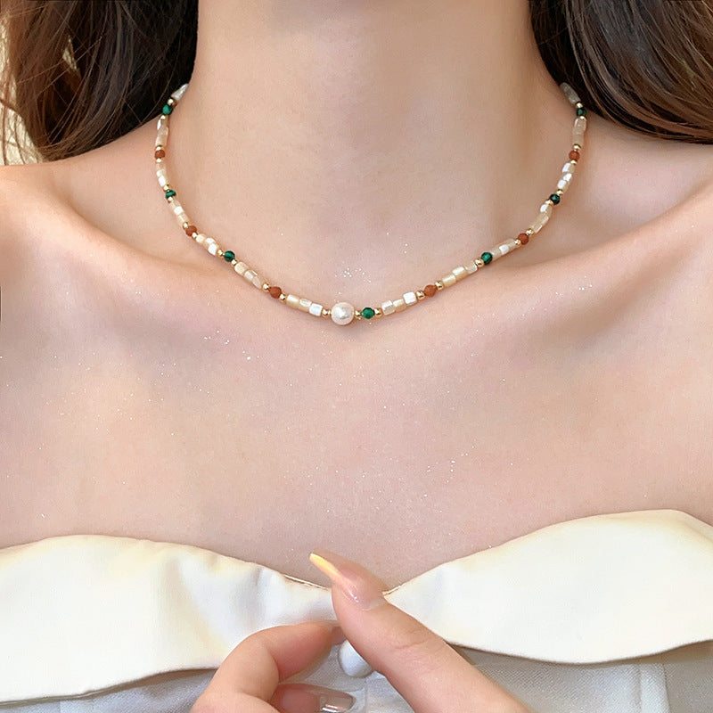 Titanium Steel Natural Stone Shell Freshwater Pearl Female Temperament Light Necklaces