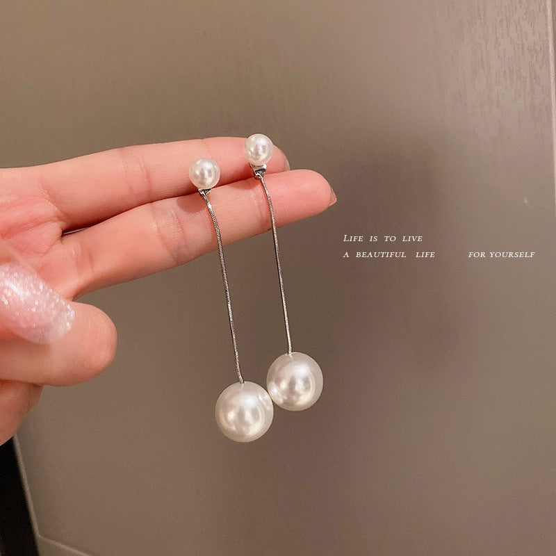 Women's Pearl Long Elegant Trendy Sier Pin Stud Earrings