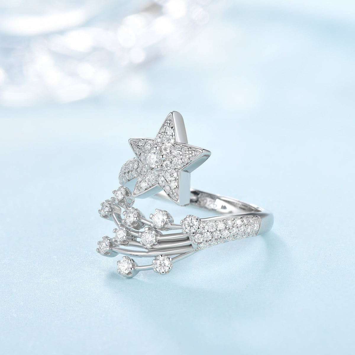 Comet Star D-Color VVS1 Moissanite Engagement Ring in Sterling Silver – Adjustable Geometric Statement Ring for Women