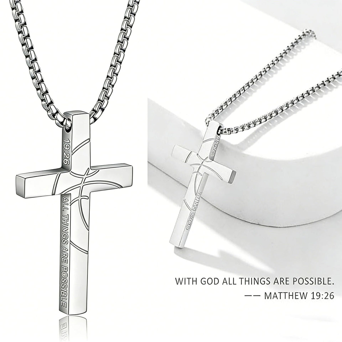 Men's Basketball Cross Double-sided Lettering Inspirational Scripture Personalized Necklace