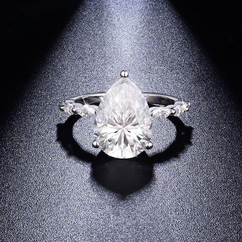 D-Color VVS1 Moissanite Teardrop Engagement Ring — 5-Carat Brilliant Cut in 925 Silver with 18K Gold Plating