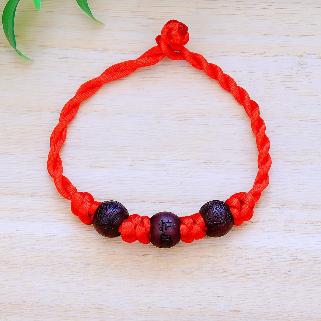 Women's & Men's Life Scenic Temple Lucky Red Three Round Beads Bracelet