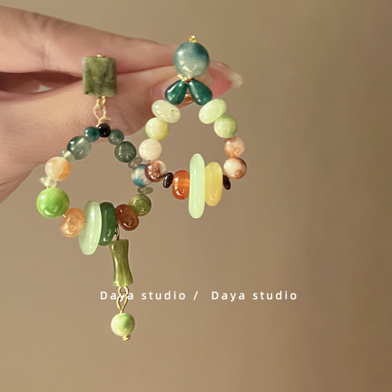 Women's Mixed Green Beaded Water Drop High Sense Niche Temperament Chinese Rings