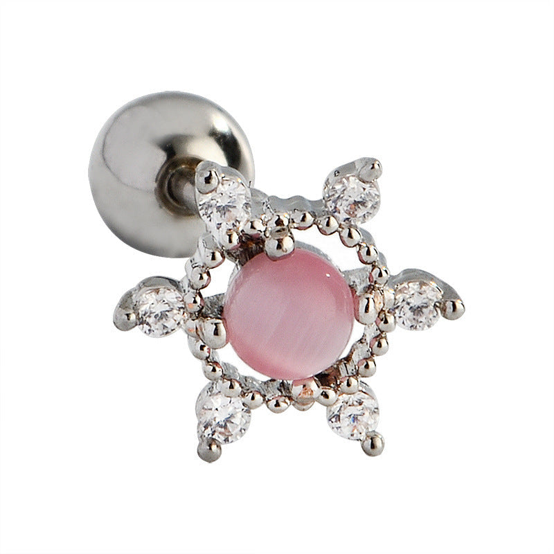 Flower Ear Pink Zircon Sweet Loving Heart Bone Inner Screw Earrings