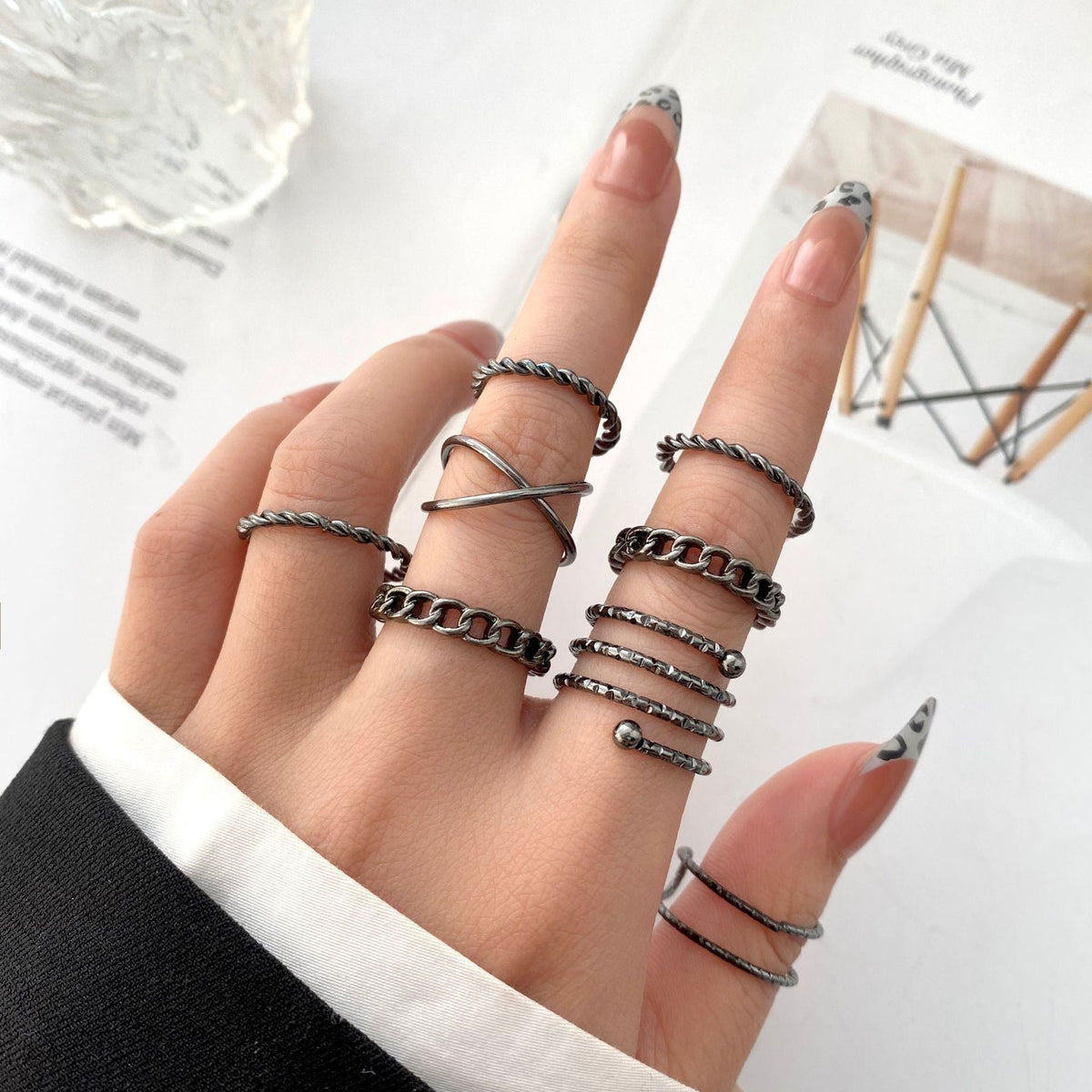 Alloy Chain Vintage Crying Face Poker Hollow Love Ring