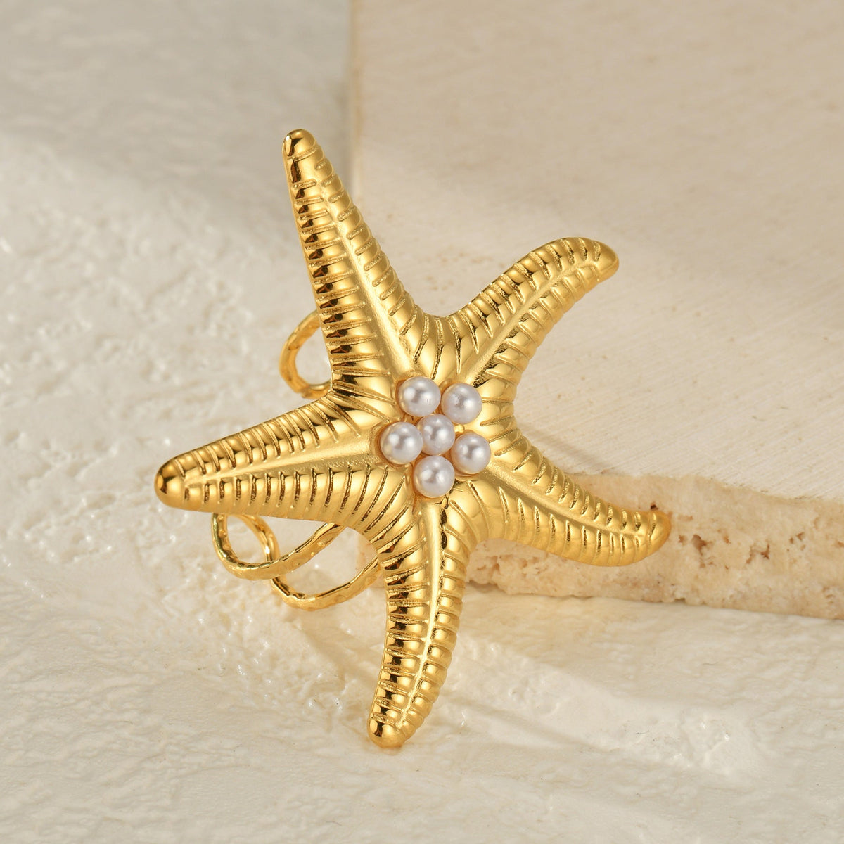 Women's Fashion Trend Stainless Steel Starfish Pearl Opening Exaggerated Design Rings