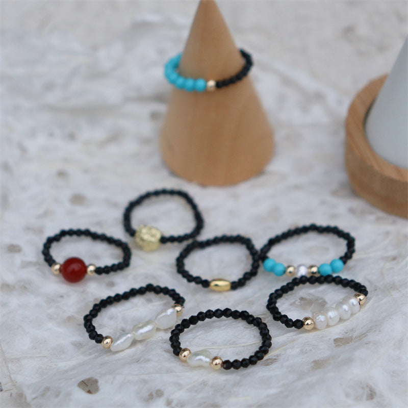 Simple Fashion White Black Pointed Crystal Stretch Freshwater Pearl Agate Rings