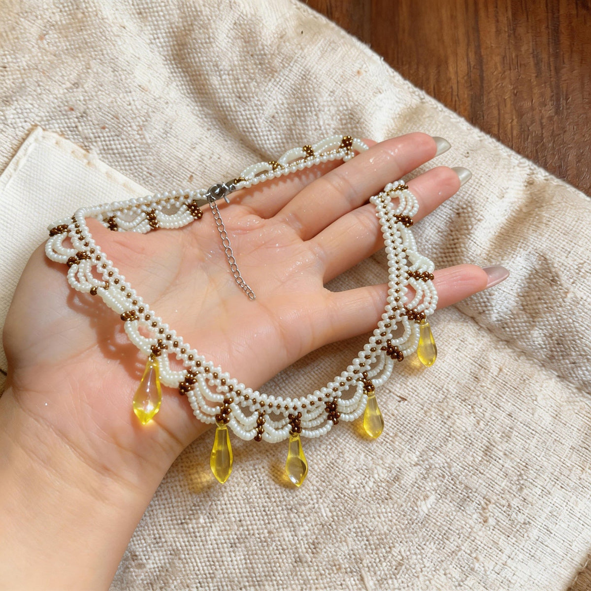 Women's Stainless Steel Glass Beaded Lace Mori Vacation Clavicle Chain Light Necklace