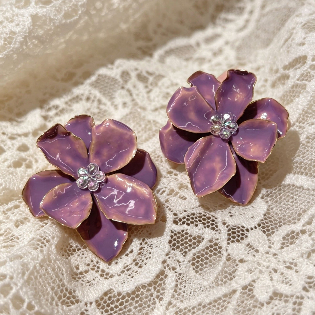 High-key Dignified Three-dimensional Petals Crystal Colorful Flower Earrings