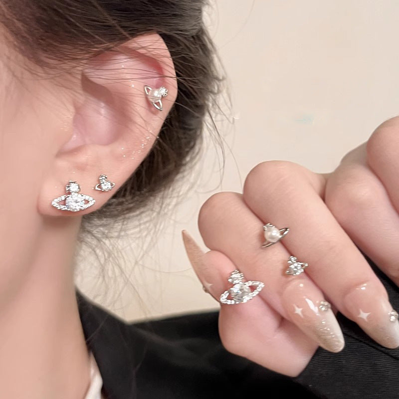 Inlaid Zircon Saturn Pearl Fashion Small Versatile High Sense Earrings