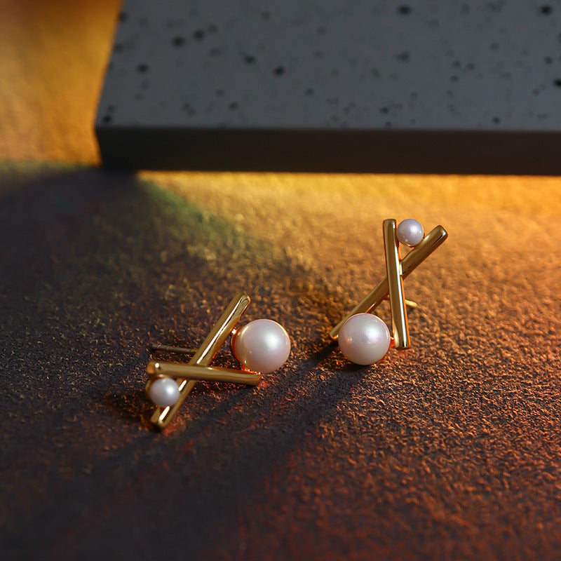Women's Needle Cross Design Geometric X-shaped Pearl Simple Earrings
