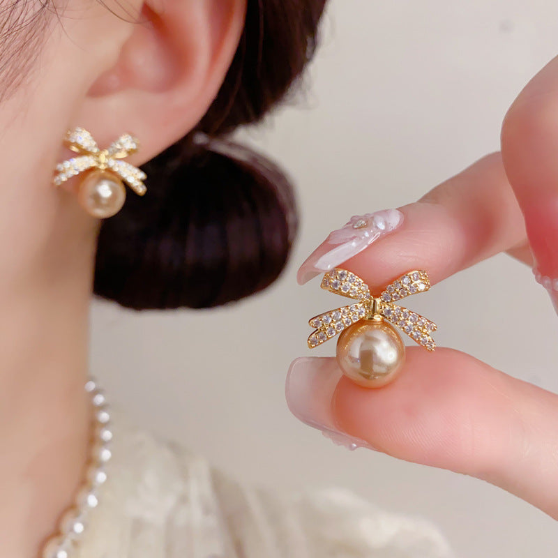 Women's Exquisite Micro Inlaid Zircon Bowknot Pearl Fashion Stud Earrings