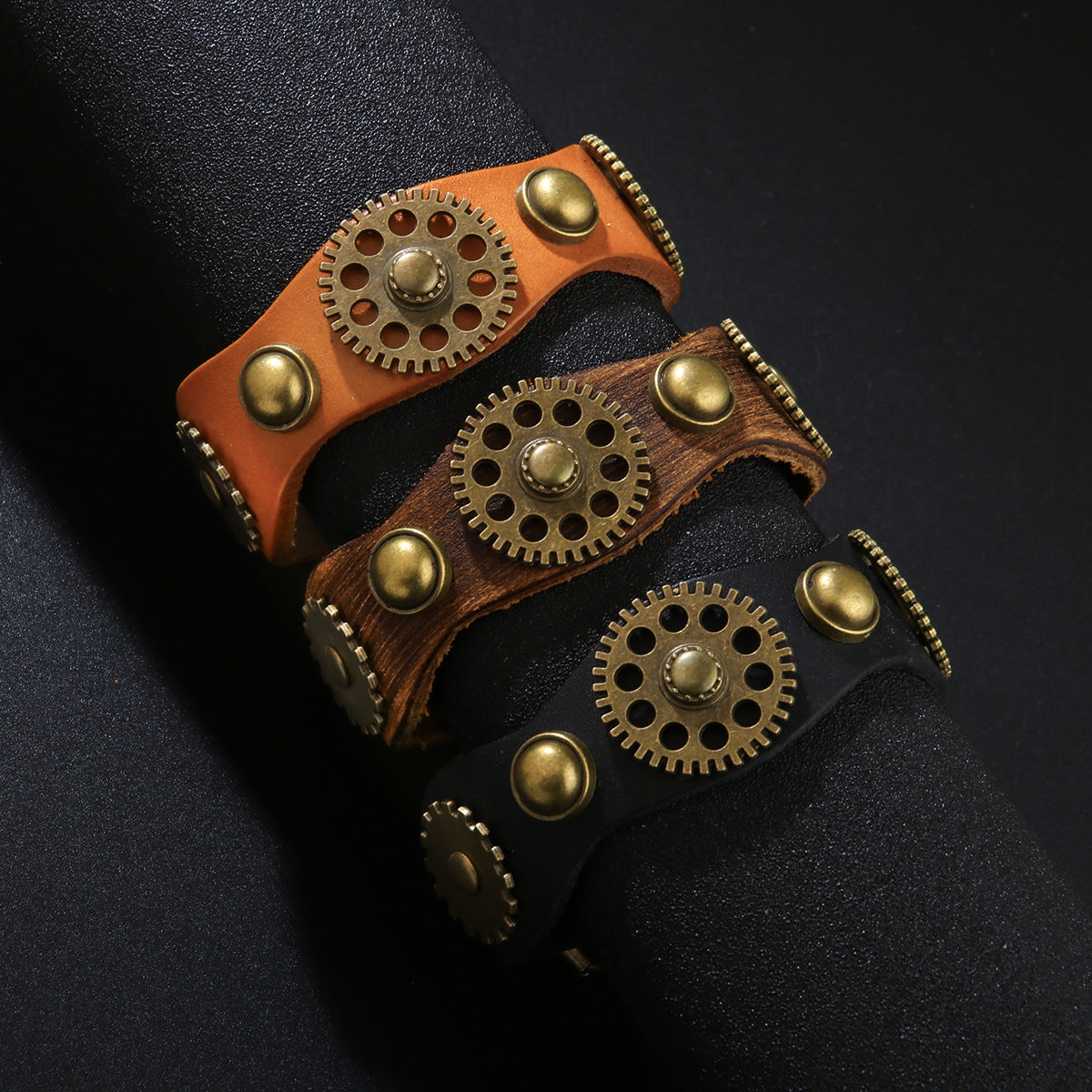 Gear Leather Vintage Distressed Rivet Wide Bracelet