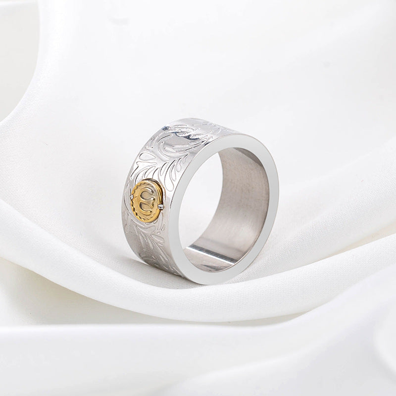 Trendy Retro Titanium Steel Wide-faced Indian Tang Grass Ring