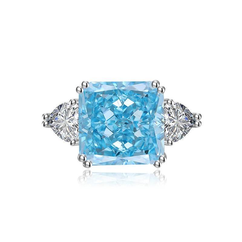 Multicolor Ice Flower Cut Square CZ Adjustable Ring, Blue & Green 12*12mm 8A Main Cubic Zirconia, Two Heart Side CZ, Dainty Luxe