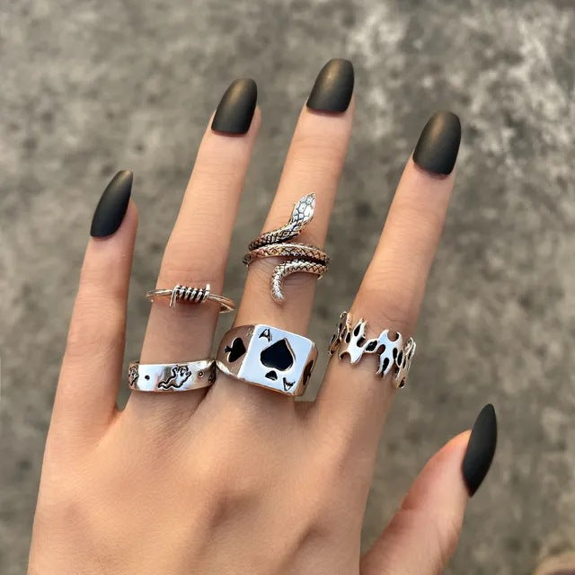 Alloy Chain Vintage Crying Face Poker Hollow Love Ring