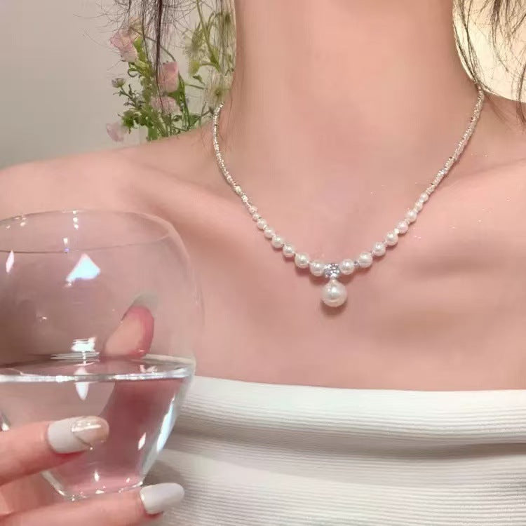 Women's Sier Pearl Small Design High-grade Simple Temperament Clavicle Chain Square Necklace