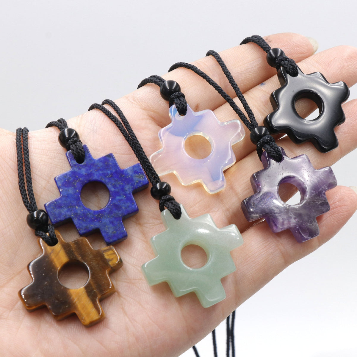 Natural Amethyst Green Aventurine Tigereye Cross Stone Gear Batch Pendants