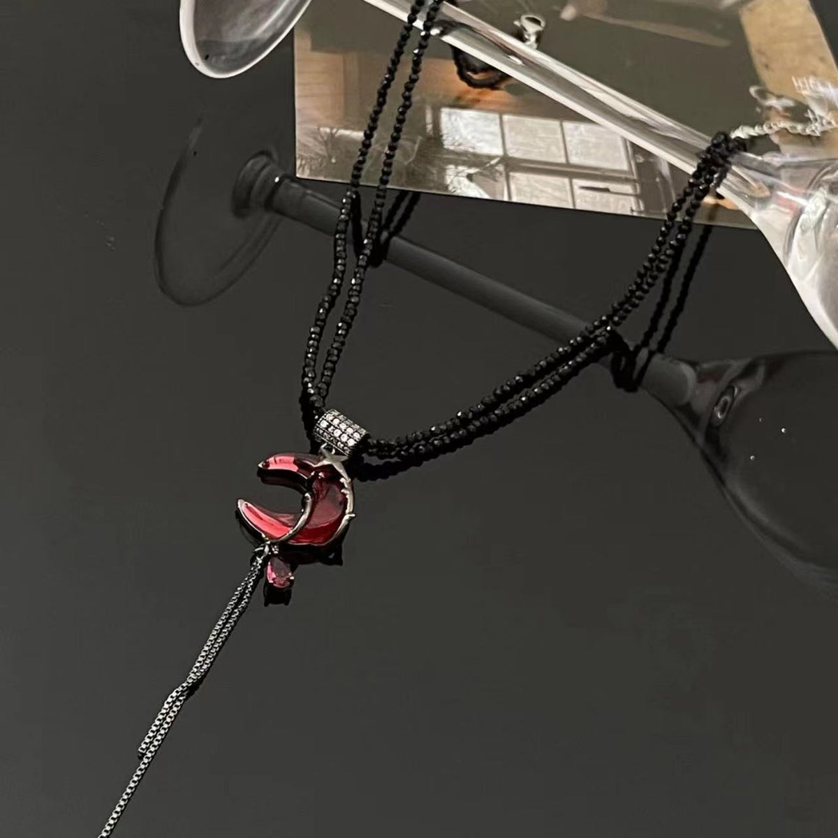 Red Crescent Tassel Chinese Style Asymmetric Design Advanced Niche Personality Earrings