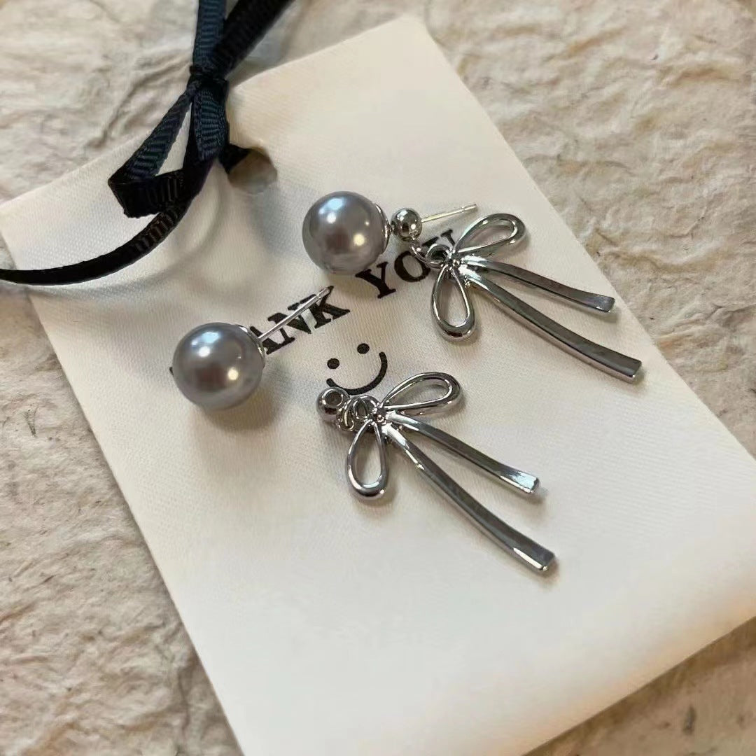 Cool Gray Pearl Bow Long Fringe Female With Hearts Stud Earrings