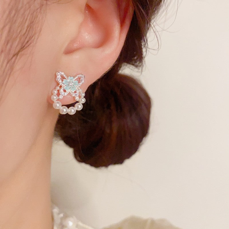 Sweet Thick Sier Zircon Butterfly Pearl Hoop Rings