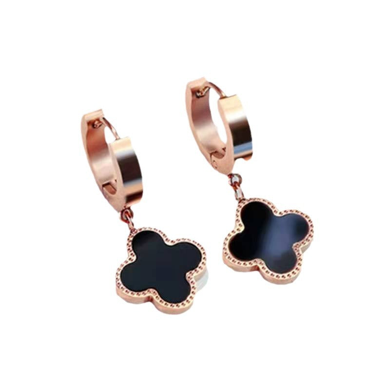 Titanium Steel Trendy Rose Gold Four Leaf Clover Ear Earrings