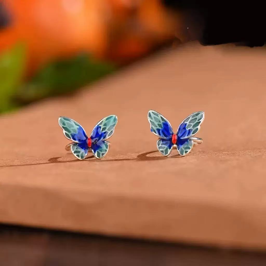 Chinese Cloisonne Enamel Butterfly Female Retro Ethnic Design Gifts Rings