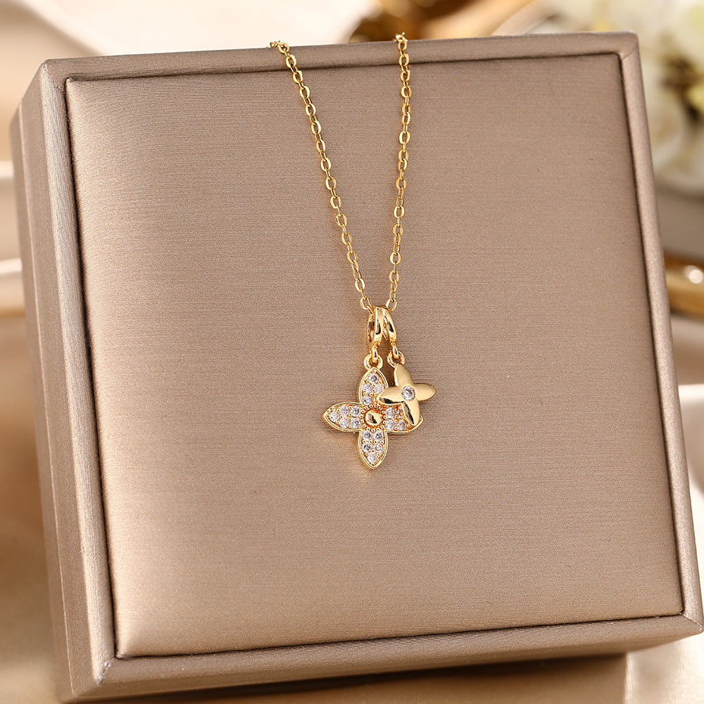 Women's Titanium Steel Design Diamond Double Clover Fashion Necklace